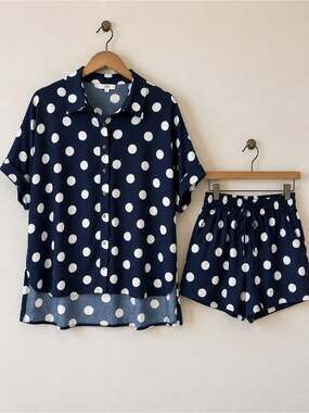 Oddi Polka Dot 2 Piece Shorts Set Oversized Button Down Navy White Medium